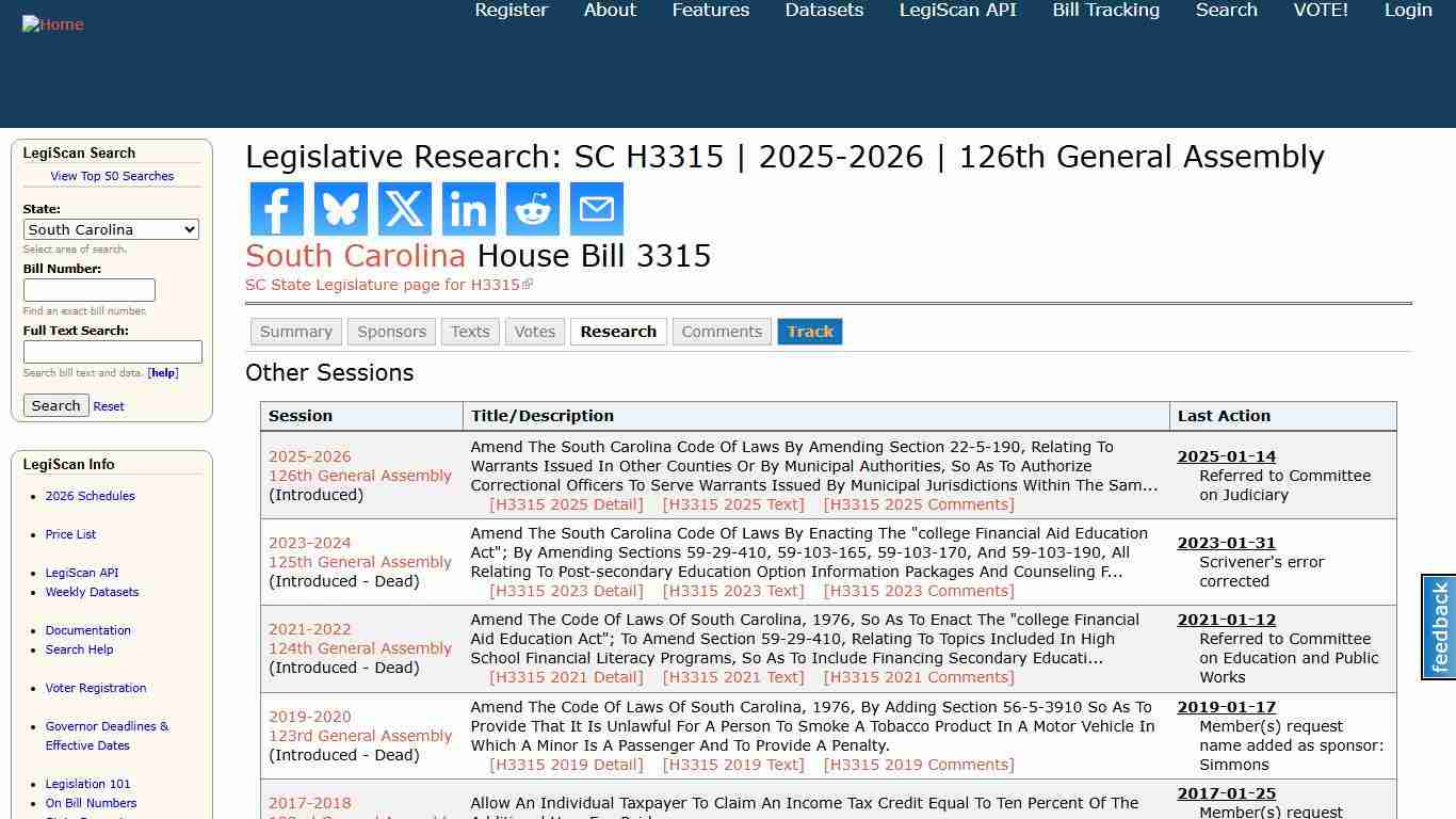 Legislative Research: SC H3315 | 2025-2026 | 126th General Assembly | LegiScan